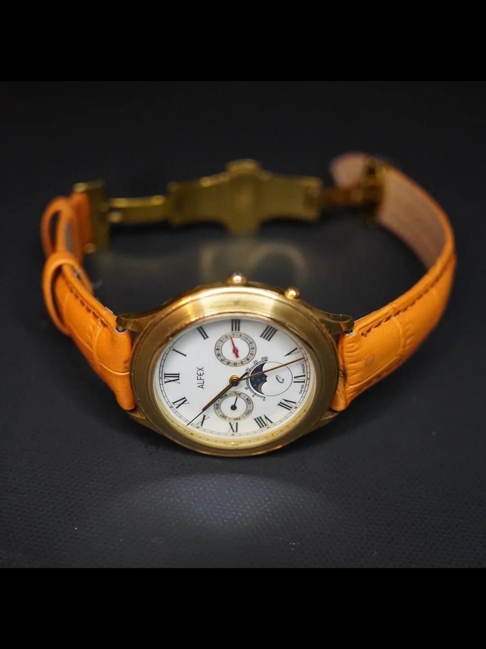 Alfex 4541 Swiss Made Moonphase Triple Calendar White Dial Gold Tone Men's Watch